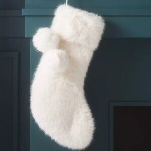 Anthropologie Chloe Faux-Fur Stocking NEW White Pom Pom Glam Christmas Holiday